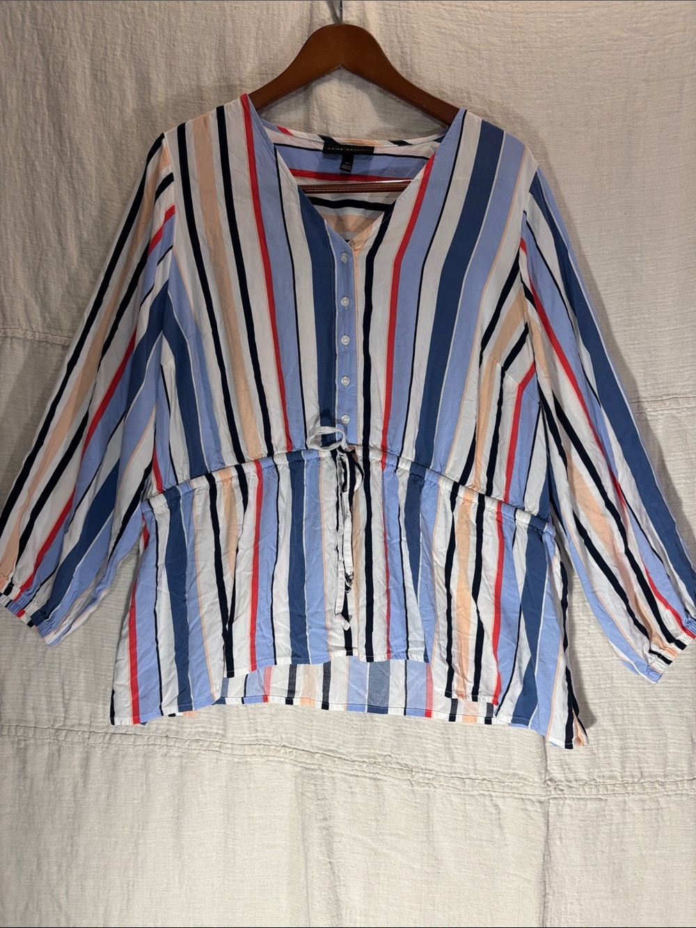 Lane Bryant Blue and Multicolor Vertical Stripe Tie-Waist Blouse